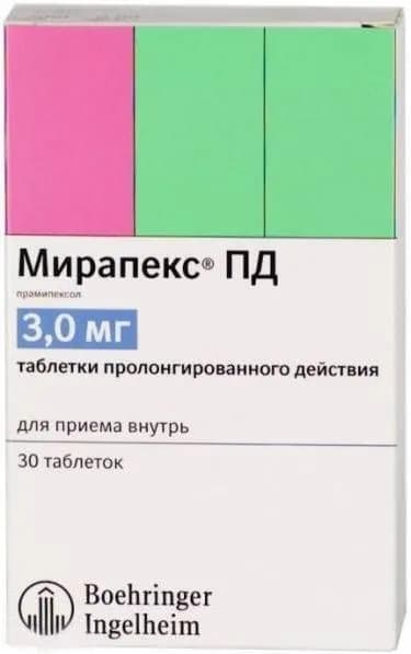 Мирапекс ПД, таблетки пролонг. 3 мг, 30 шт.
