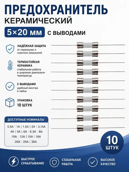 Предохранитель керамический с гибкими выводами 5A 250B 5x20 мм, быстродействующий, F5AL250V, 10 шт