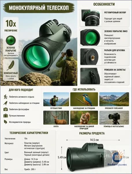 Монокуляр HD 80x100 премиум с призмой BAK4, оснащенный объективом FMC и адаптером, выполнен в облегченной конструкции.