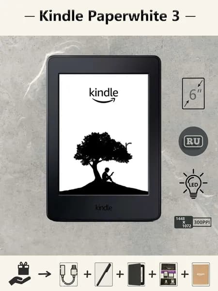 6" Электронная книга Электронная книга Kindle Paperwhite 3 (7-го поколения), подсветка, русский, 300PPI, 4 ГБ, черный