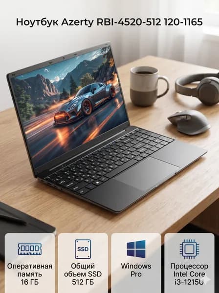 Azerty RBI-4520 Ноутбук 15.6", Intel Core i3-1215U, RAM 16 ГБ, SSD 512 ГБ, Intel UHD Graphics, Windows Pro, (120-1165), черный, Русская раскладка