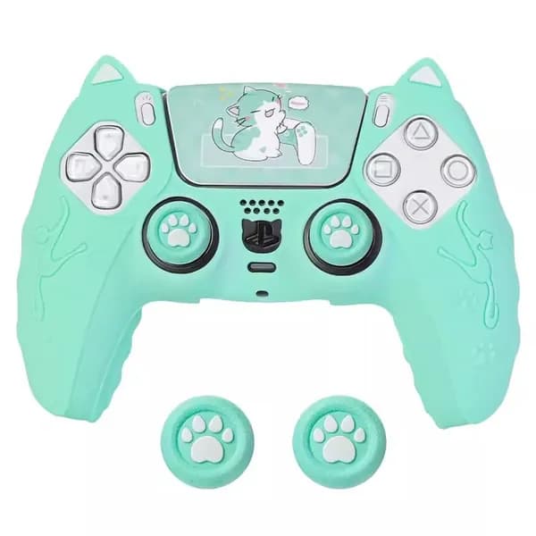 Симпатичная кожа контроллера PS5 Cat Paw, противоскользящий чехол для контроллера с колпачками для захвата большим пальцем-Зеленый 1