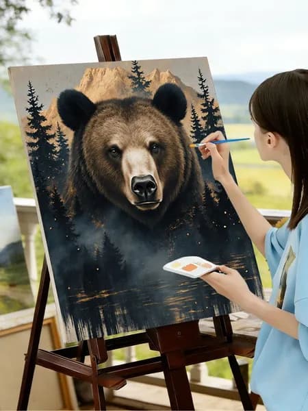 Картина по номерам 40х50 см Медведь в лесу, пейзаж с горой, DIY