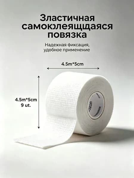 Бинт самофиксирующийся эластичный бандажный, 4.5м x 5см, 9рулонов, белый
