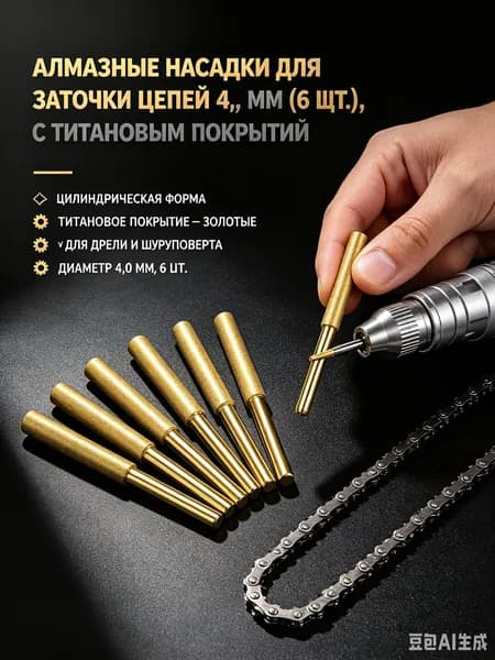 Алмазные насадки для заточки цепей 4,0 мм (6 шт.), цилиндрические фрезы с титановым покрытием для дрели и шуруповерта, золотые