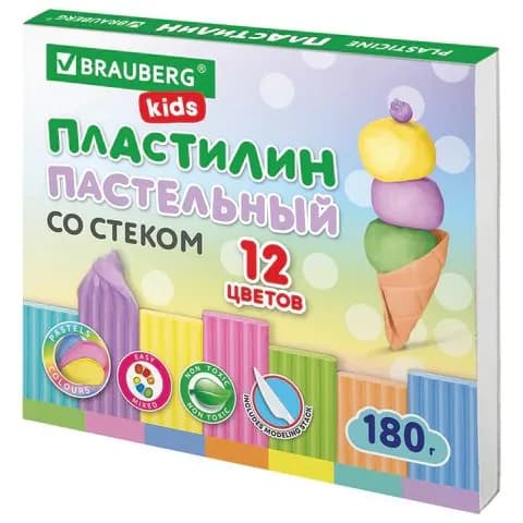 Пластилин классический пастельные цвета brauberg kids, 12 цветов, 180 грамм, стек, ,(набор из 1 шт)