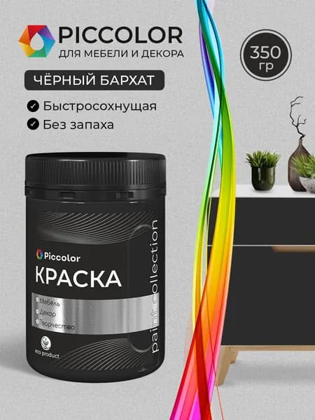 Краска для мебели и декора меловая PICCOLOR матовая без запаха черный 0,38 кг