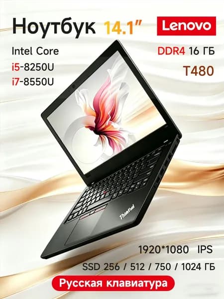 Lenovo ThinkPad Ноутбук 14.1", Intel Core i5-8250U, RAM 16 ГБ, SSD 750 ГБ, Intel UHD Graphics 620, Windows Pro, (ноутбук для работы,ноутбук для учебы,Ноутбуки Lenovo,Ноутбуки Thinkpad,Ноутбуки ThinkBook), черный матовый, Русская раскладка