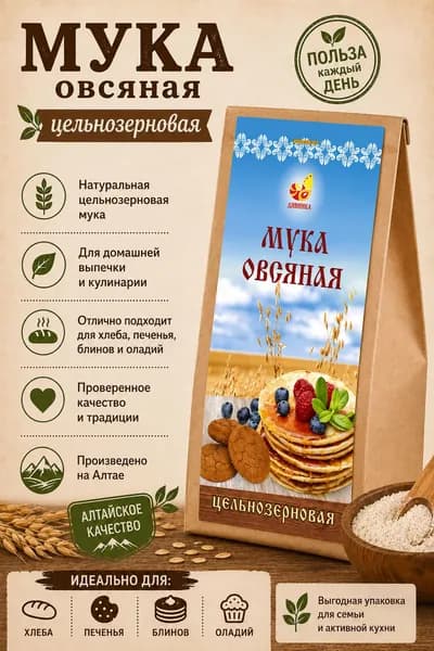 Мука ЦЕЛЬНОЗЕРНОВАЯ Овсяная 500 г., Дивинка.