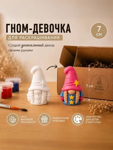 Фигурка для раскрашивания Гном-девочка из гипса. Творческий набор для детей и взрослых