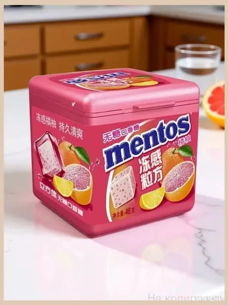 Популярный премиумжвачный продукт без сахара, кубики Mentos с апельсиновогрейпфрутовым вкусом, массой 46 г, представлен эксклюзивно в количестве одной штуки.