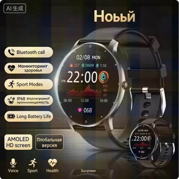 Смарт-часы, Мужские и женские спортивные часы, выпущенные в 2026 году, монитор сердечного ритма и состояния сна, вызов по Bluetooth, информационное напоминание, будильник, контрольная камера, калькулятор, таймер, прогноз погоды