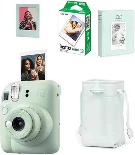 Fujifilm Instax Mini 12 зеленый фотоаппарат, 10 пленок, чехол, альбом на 64 страницы, магнитная рамка.