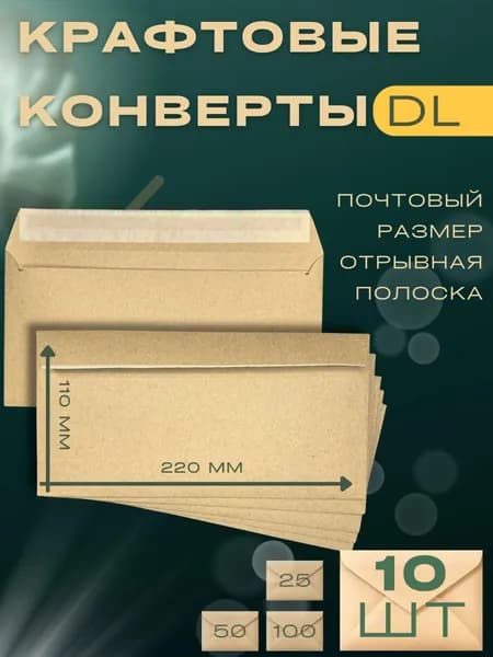 Крафтовый конверт DL (110x220мм) из крафт бумаги с стрип лентой, набор 10 шт. / бумажные конверты