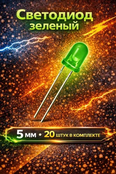 Набор зеленых светодиодов 5 мм 20 шт, LED диоды для электроники и пайки