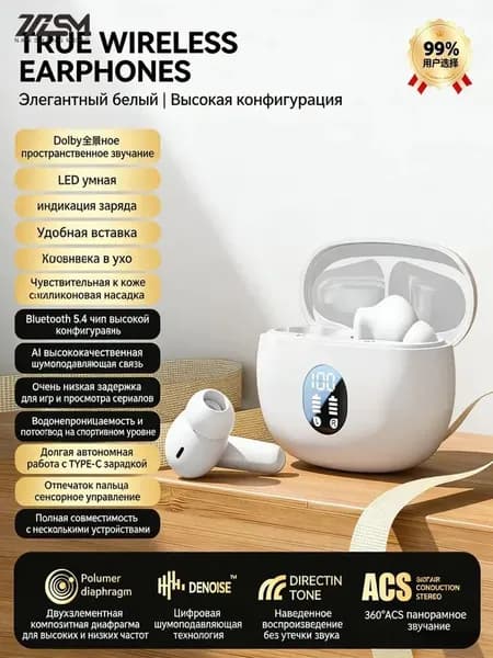 Наушники беспроводные с микрофоном, Bluetooth, белый