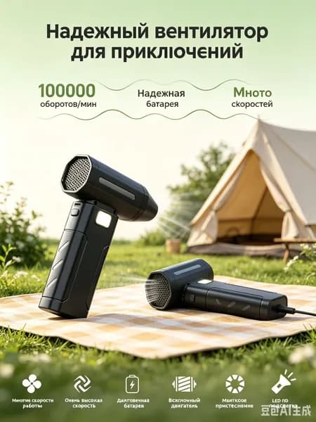 Фен для розжига углей с аккумулятором / воздуходувка для костра с встроенным фонариком / вентилятор для гриля и барбекю