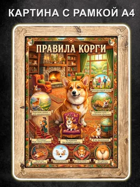 Картина Правила Корги без хвоста, постер в рамке, А4