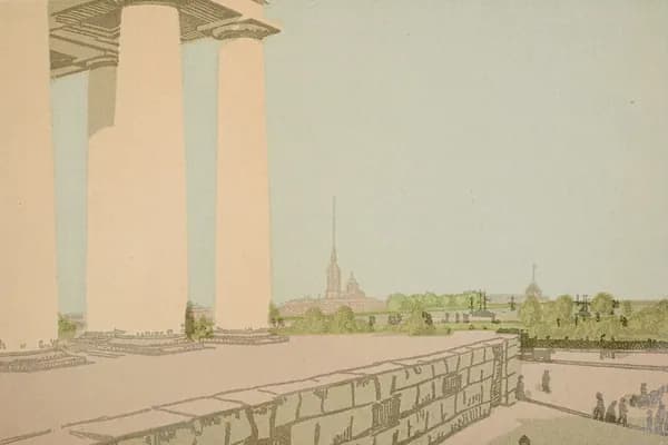 "Колонны Биржи и крепость", А. П. Остроумова-Лебедева. Авторская литография. Российская империя, 1907 год
