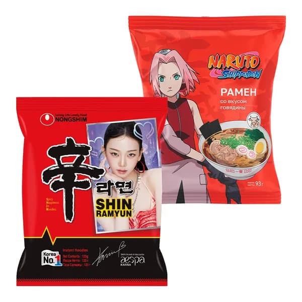 Лапша Шин Рамен Nongshim, пачка 120 г + Наруто Рамен со вкусом говядины, пачка 93 г