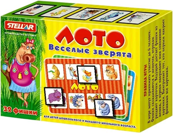Лото детское "Весёлые зверята" с картинками, в наборе 32 фишки и игровые карточки, учим животных, изучаем окружающий мир, расширяем кругозор, 3+