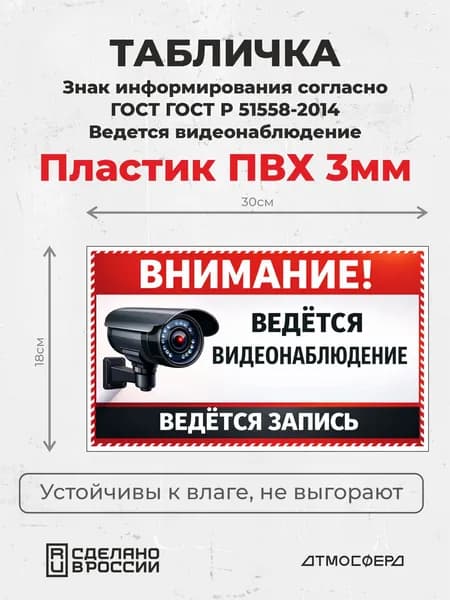 Табличка / Знак Ведется видеонаблюдение с записью 300*180 ПВХ 3мм