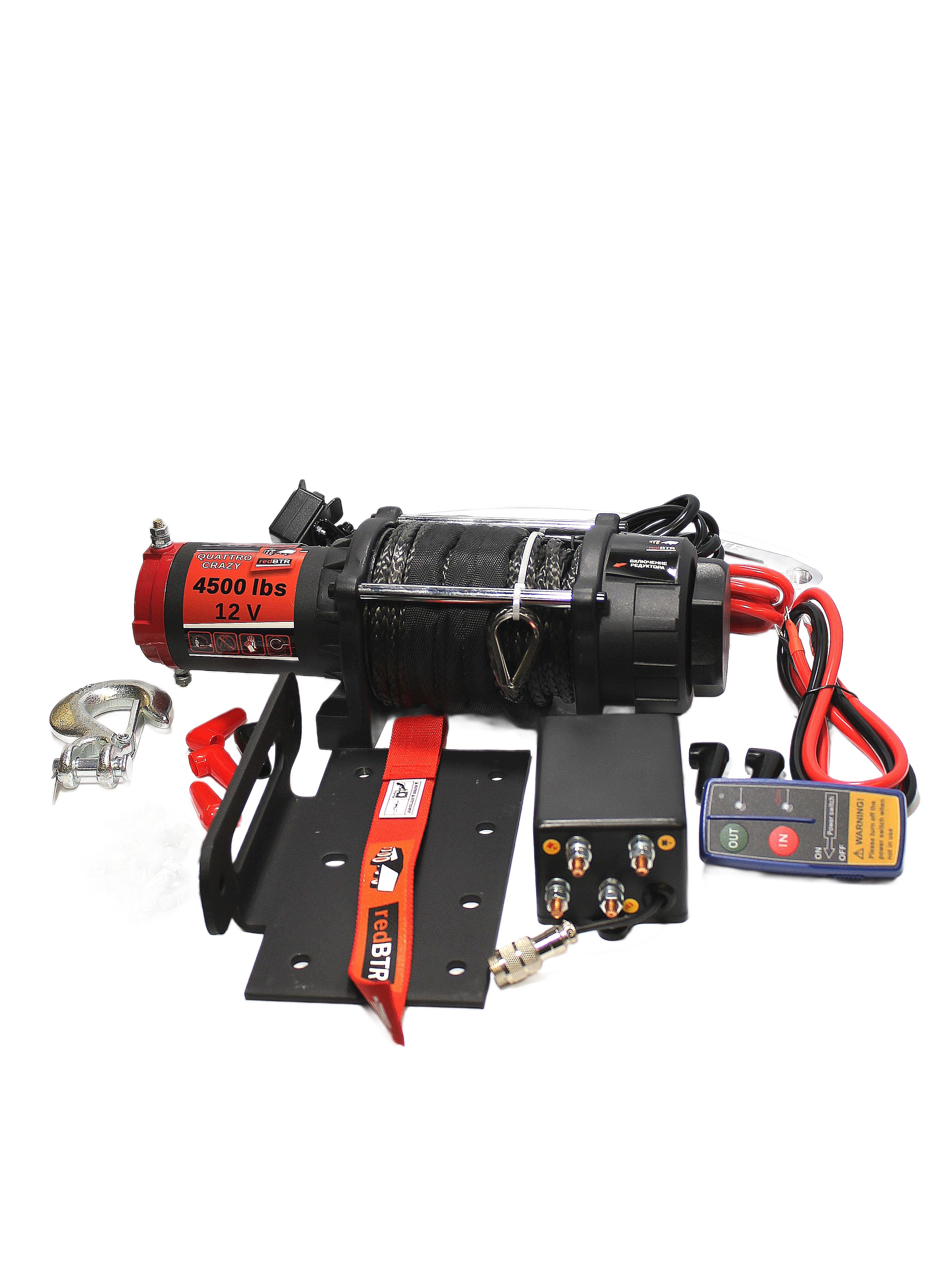 Лебедка RedBTR серия "QUATTRO CRAZY" 4,5S 12v (UTV/ATV), трос синтетика, 2040кг, 176:1, пульт ДУ