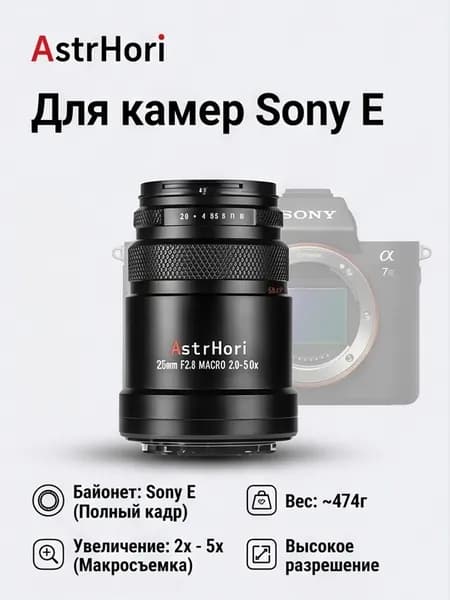AstrHori Объектив Объектив AstrHori 25mm F2.8 2X-5X Super Macro, полнокадровый, с ручной фокусировкой, совместим с камерами Sony E-mount.