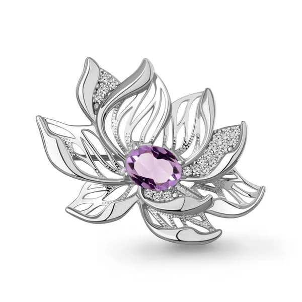 Серебряная брошь DIAMANT-ONLINE с фианитом и аметистом 925 пробы