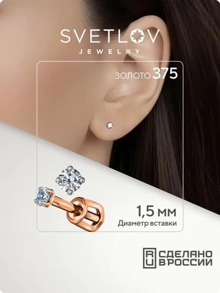 SVETLOV Золотые серьги женские пусеты гвоздики 375 пробы, диаметр вставки 1.5 мм