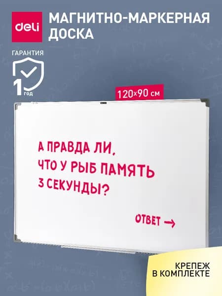 Доска демонстрационная магнитно-маркерная на стену для офиса и дома Deli, 90x120 см, лак белый, алюминиевая рама
