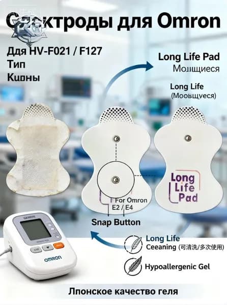 Электроды для миостимулятора Omron (2 шт), сменные пластины Long Life Pad для массажера (HV-F021, F127, E2, E4), моющиеся