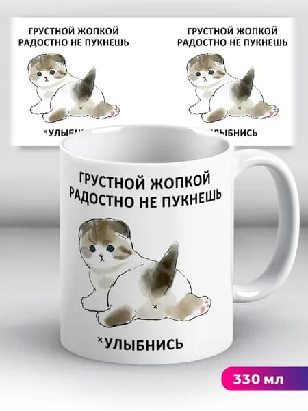 Кружка с приколом мем с котиком "Грустной жопкой радостно не пукнешь, улыбнись"