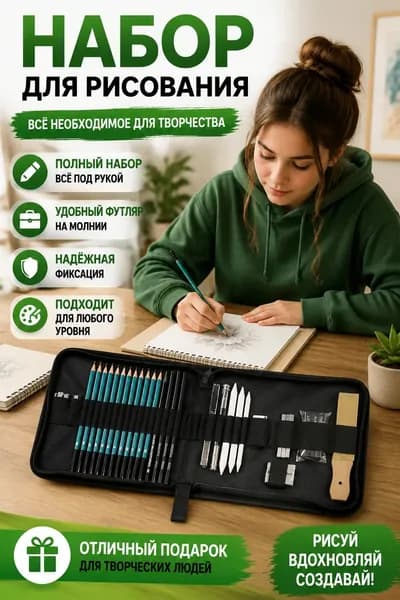 Набор для рисования, росписи, 33 предмета, разноцветный с синими карандашами в пенале зелёный