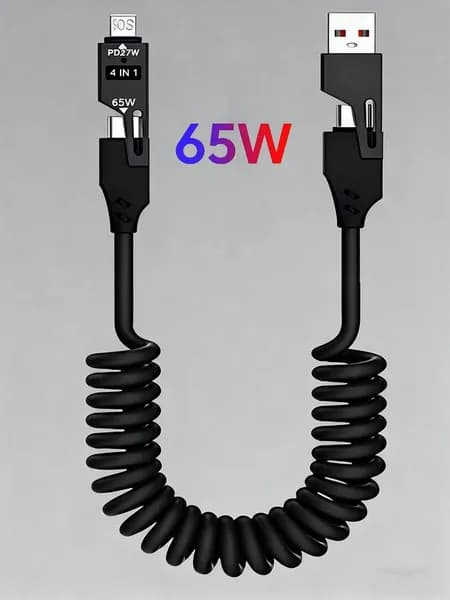 4in1 Кабель для быстрой зарядки TYPEC 65W с двойным наконечником, пружинный, автомобильный PD27W выдвижной кабель