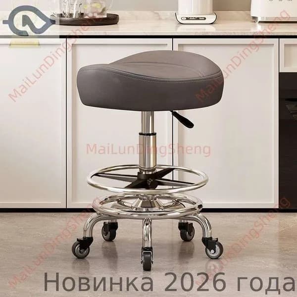 Ортопедический стул, Искусственная кожа, Модель с подножкой, без спинки, серый цвет, с шумоподавляющими колёсами в резиновой оболочке