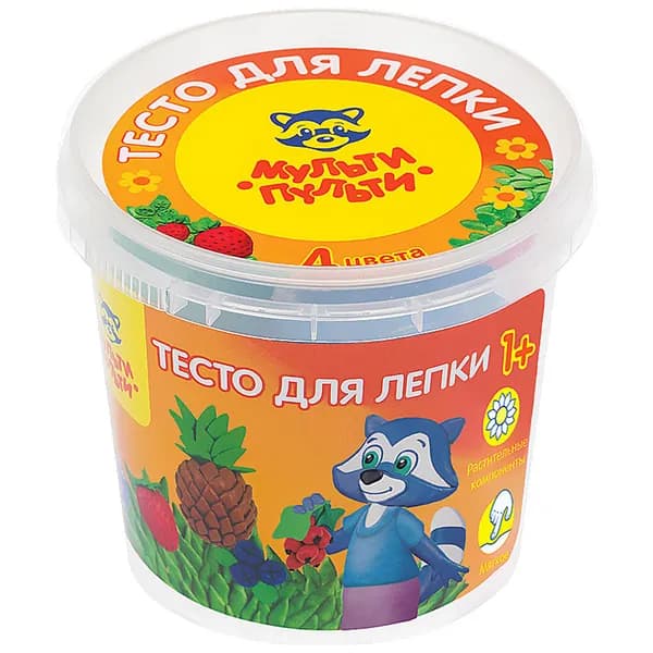 8 шт. Тесто для лепки Мульти-Пульти "Енот на каникулах", 04 цвета*60г, пластиковый стакан