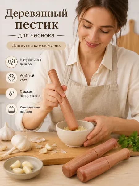 Толкушка деревянная - Натуральная деревянная толкушка для перетирания чеснока и ароматных специй на кухне
