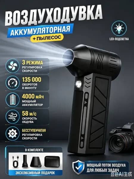 воздуходувка аккумуляторная для авто, ручной пылесос , 4000 мАч, 2 насадок, 3 режима, c защитным кейсом и TYPE-C