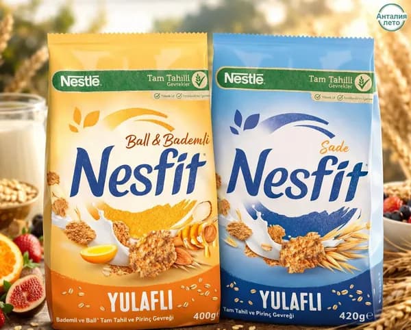 Хлопья Nestle Nesfit из цельного зерна и риса, простые и с мёдом и миндалем, 2 штуки