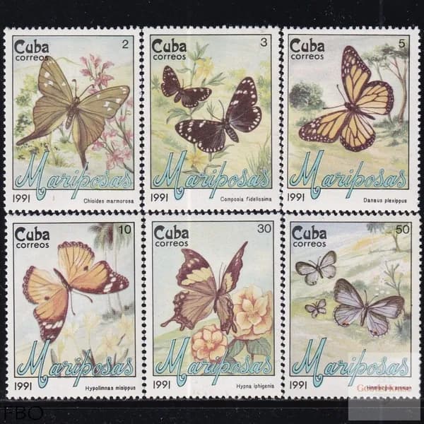 Марки Кубы 1991 - бабочки, 6 шт.