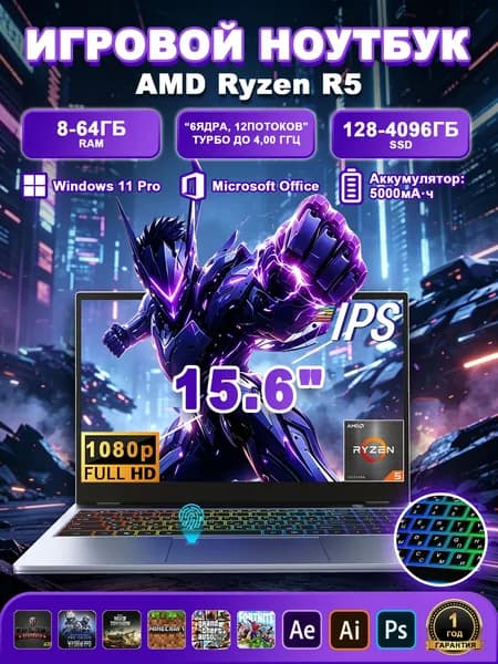Vicyoung Игровой ноутбук 15.6", AMD Ryzen 5 5500U, RAM 32 ГБ, SSD 256 ГБ, AMD Radeon Vega 7, Windows Pro, серый металлик, Русская раскладка
