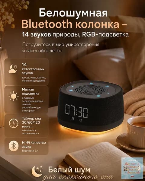 Bluetooth колонка с белым шумом и звуками природы, ночник RGB для сна, беспроводная акустика с таймером и Bluetooth 5.4 для спальни, детей и релаксации
