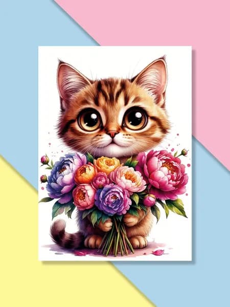 Открытка "Поздравляю. Котик и пионы", 10х15