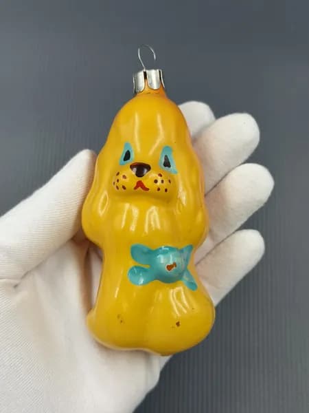 Елочная игрушка "Собака Пудель Артемон" Буратино, Стекло СССР Красивая! Винтаж!