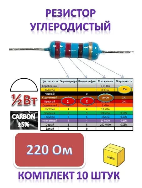 Резистор 220 Ом 0,5Вт 10шт углеродистый (карбоновый), точность 5%