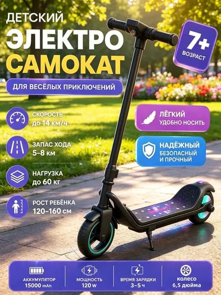 Электросамокат детский двухколесный 2600mAh до 60 кг с подсветкой, черный