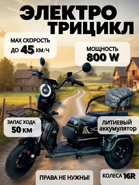 Электрический трицикл 800W, скорость до 50 км/ч, с багажником для пенсионеров