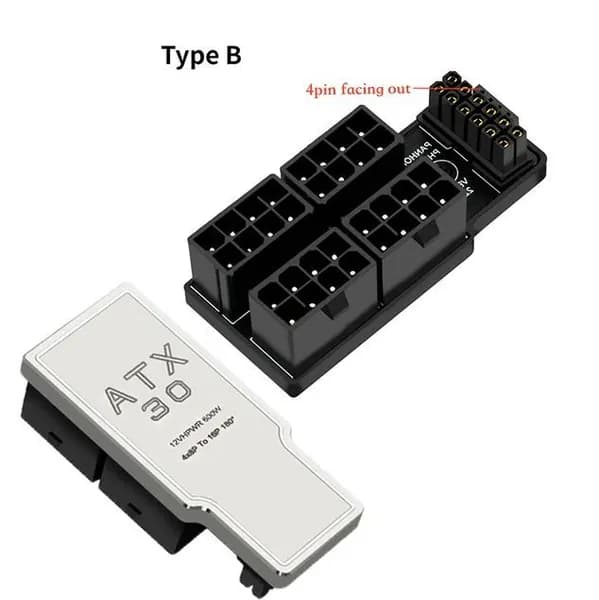 Адаптер/Переходник с 12VHPWR PCie 5.0 на 4х АТХ 8pin, угловой адаптер 180 градусов серебристый RVS алюминиевый тип B