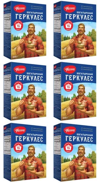 Увелка Хлопья овсяные Богатырский Геркулес, 500 г, 6 уп /